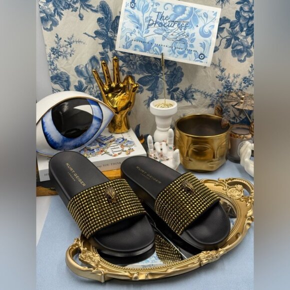 🆕 KURT GEIGER LONDON 🧿 NWOB Meena Eagle Black & Gold Studded Slide, Sz 8.5 - Picture 2 of 12